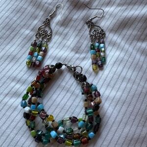 Multicolored beaded bracelet and matching earrings